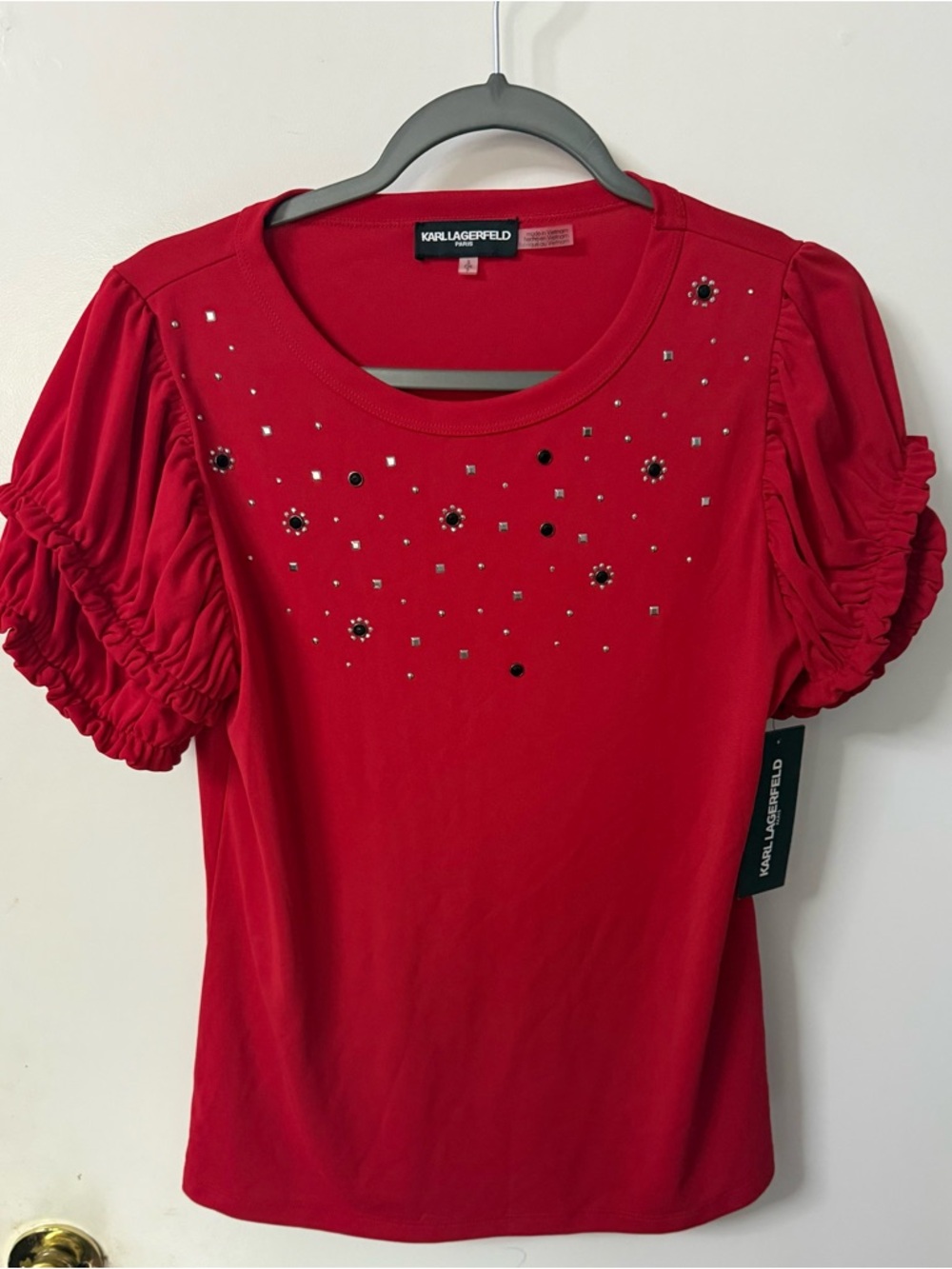 Karl Lagerfeld Red Short-Sleeve Jewel & Stud Embellished Tee